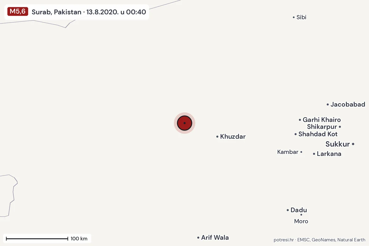 Karta: šire područje, 600 km, potres M5,6, Surab, Pakistan, 13.8.2020.