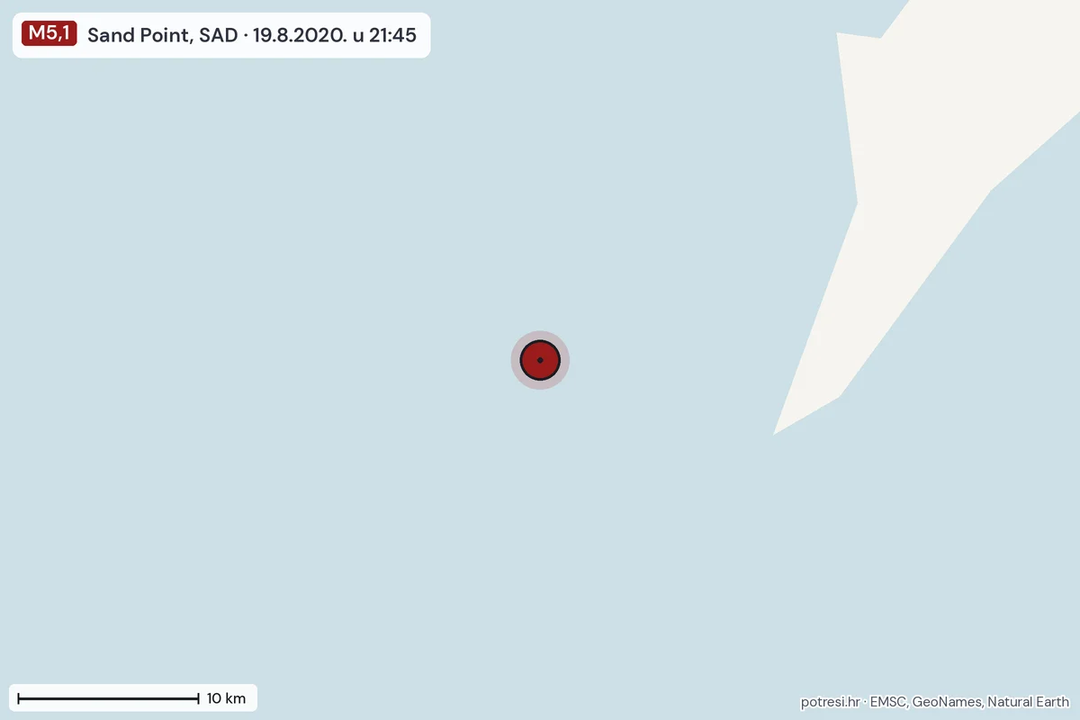 Karta: okolica epicentra, 60 km, potres M5,1, Sand Point, SAD, 19.8.2020.