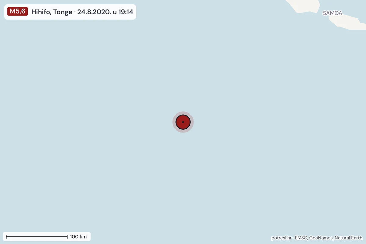 Karta: šire područje, 600 km, potres M5,6, Hihifo, Tonga, 24.8.2020.