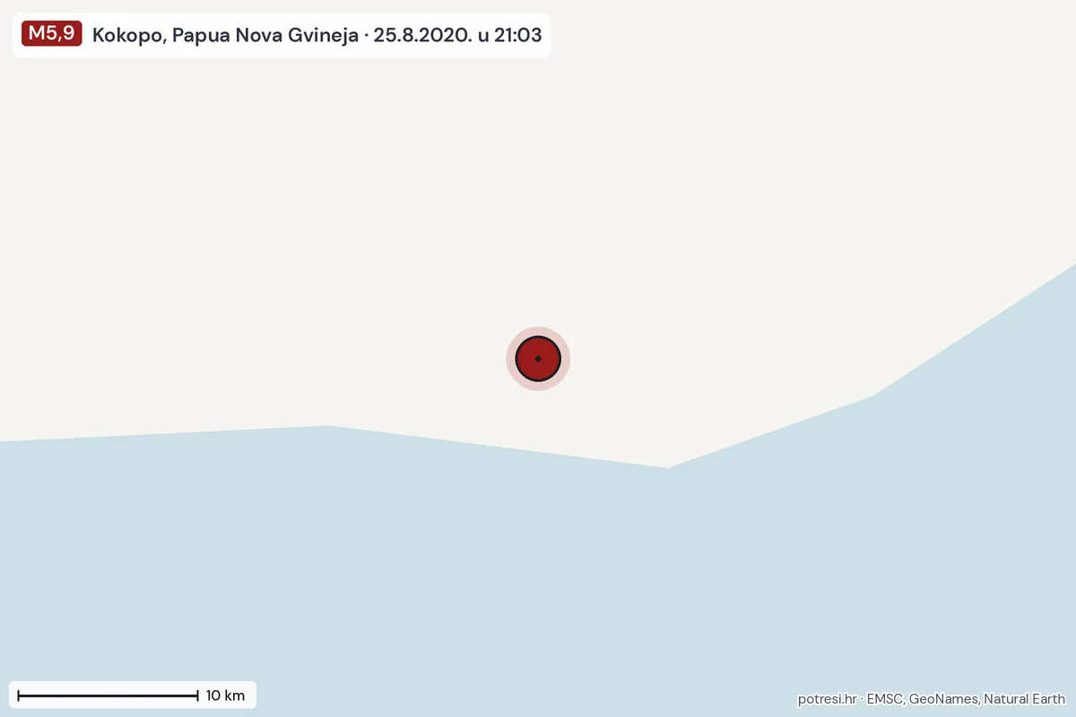 Karta: okolica epicentra, 60 km, potres M5,9, Kokopo, Papua Nova Gvineja, 25.8.2020.