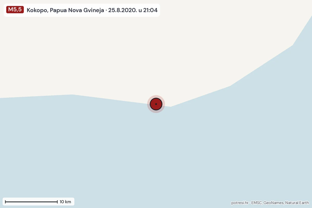 Karta: okolica epicentra, 60 km, potres M5,5, Kokopo, Papua Nova Gvineja, 25.8.2020.