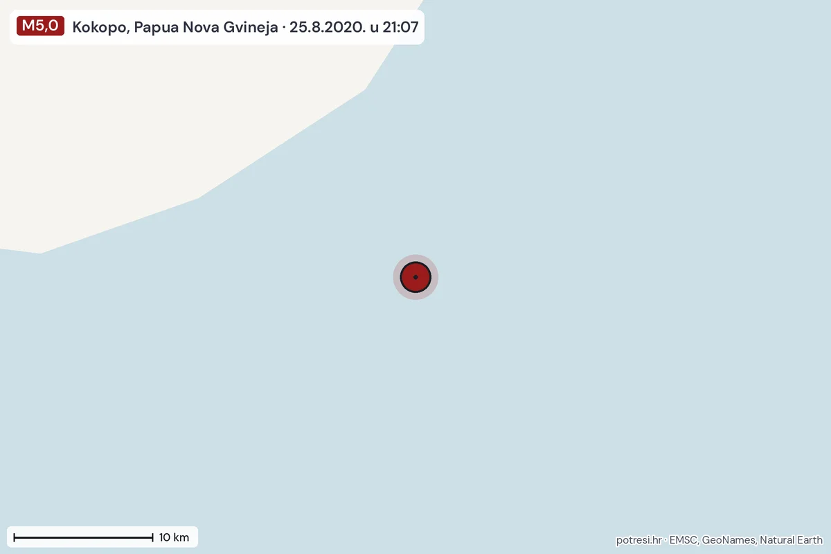 Karta: okolica epicentra, 60 km, potres M5,0, Kokopo, Papua Nova Gvineja, 25.8.2020.