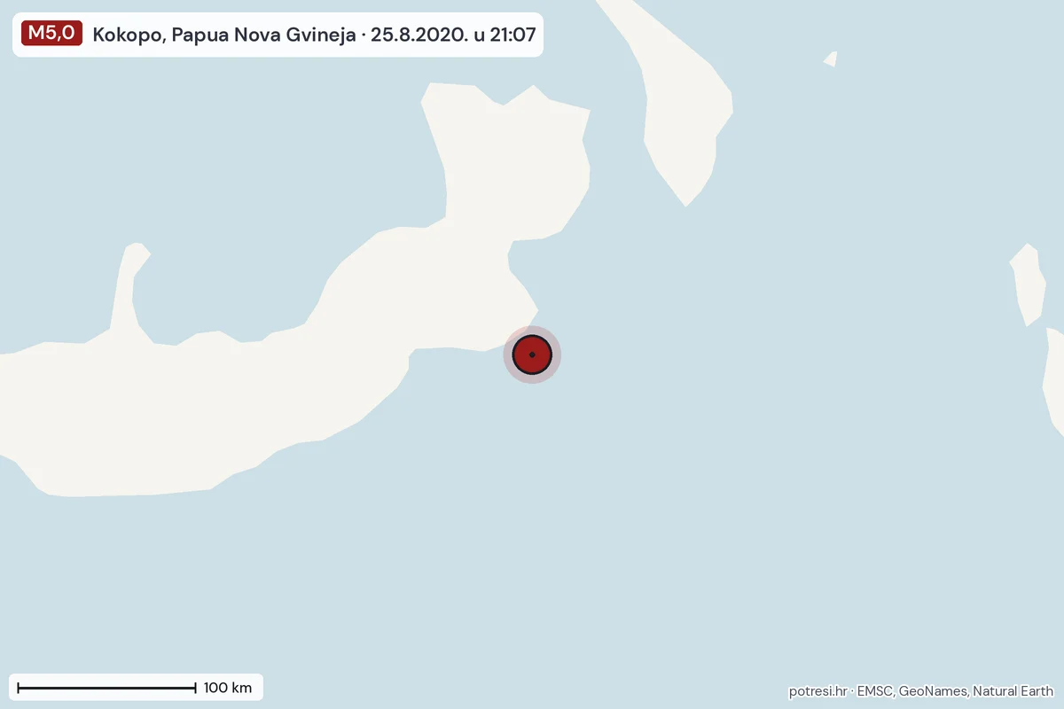 Karta: šire područje, 600 km, potres M5,0, Kokopo, Papua Nova Gvineja, 25.8.2020.