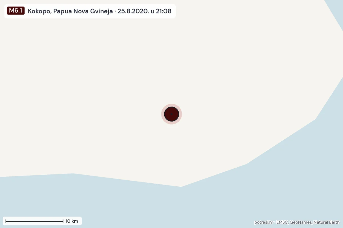 Karta: okolica epicentra, 60 km, potres M6,1, Kokopo, Papua Nova Gvineja, 25.8.2020.