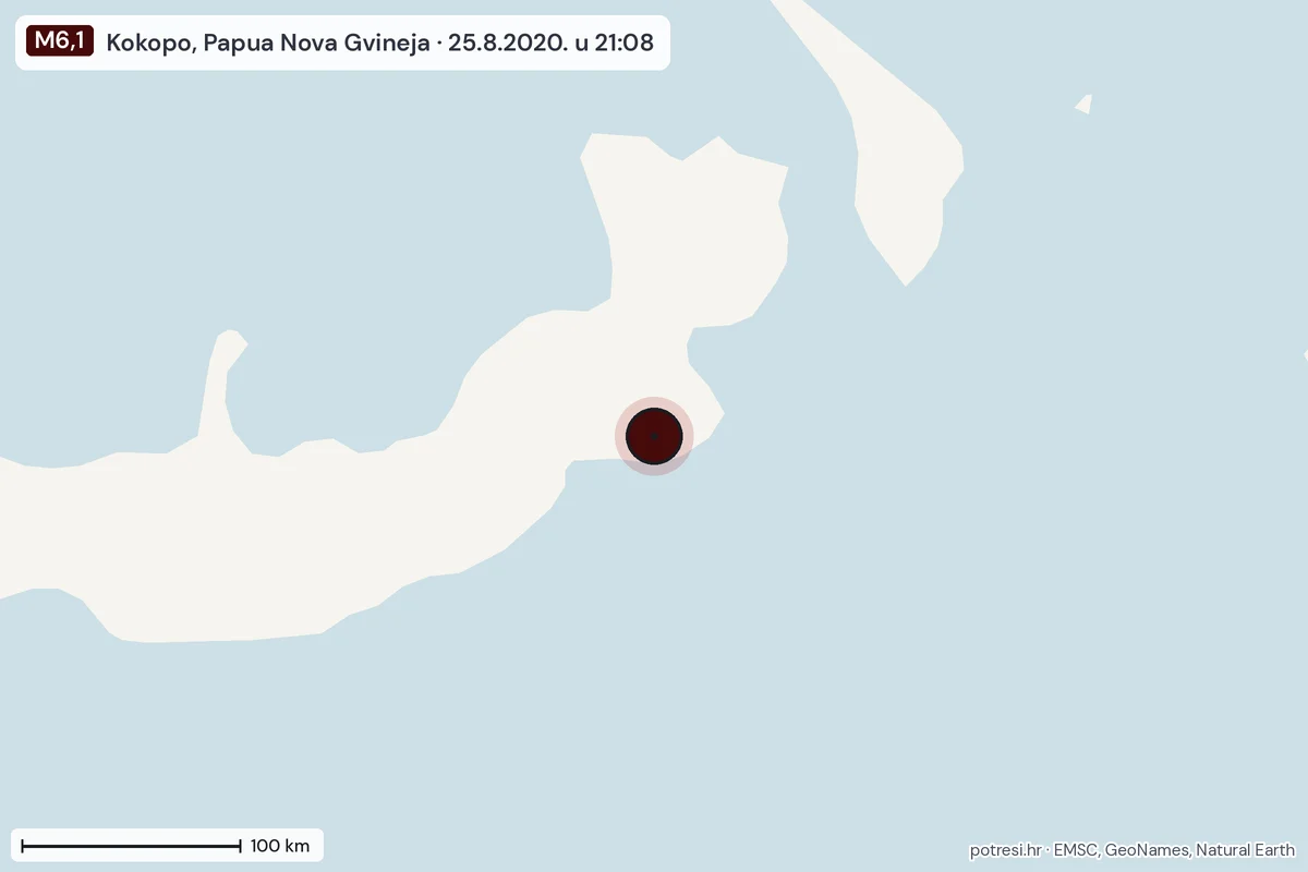 Karta: šire područje, 600 km, potres M6,1, Kokopo, Papua Nova Gvineja, 25.8.2020.