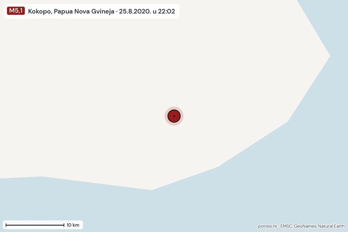 Karta: okolica epicentra, 60 km, potres M5,1, Kokopo, Papua Nova Gvineja, 25.8.2020.