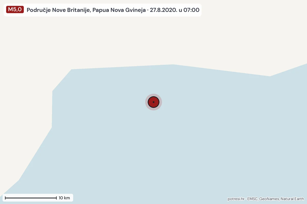 Karta: okolica epicentra, 60 km, potres M5,0, Područje Nove Britanije, Papua Nova Gvineja, 27.8.2020.