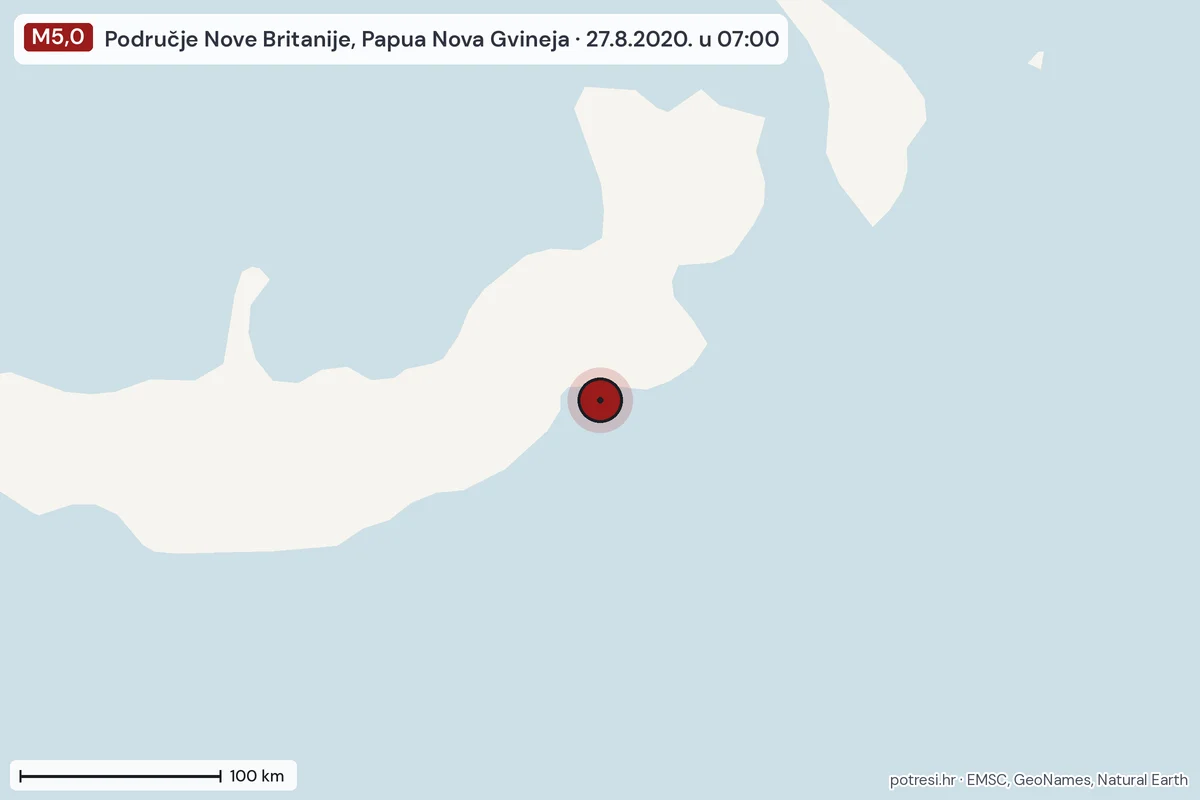 Karta: šire područje, 600 km, potres M5,0, Područje Nove Britanije, Papua Nova Gvineja, 27.8.2020.
