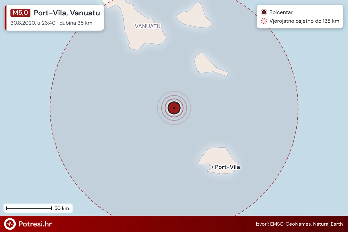Karta: šire područje i vjerojatni doseg osjeta, potres M5,0, Port-Vila, Vanuatu, 30.8.2020.