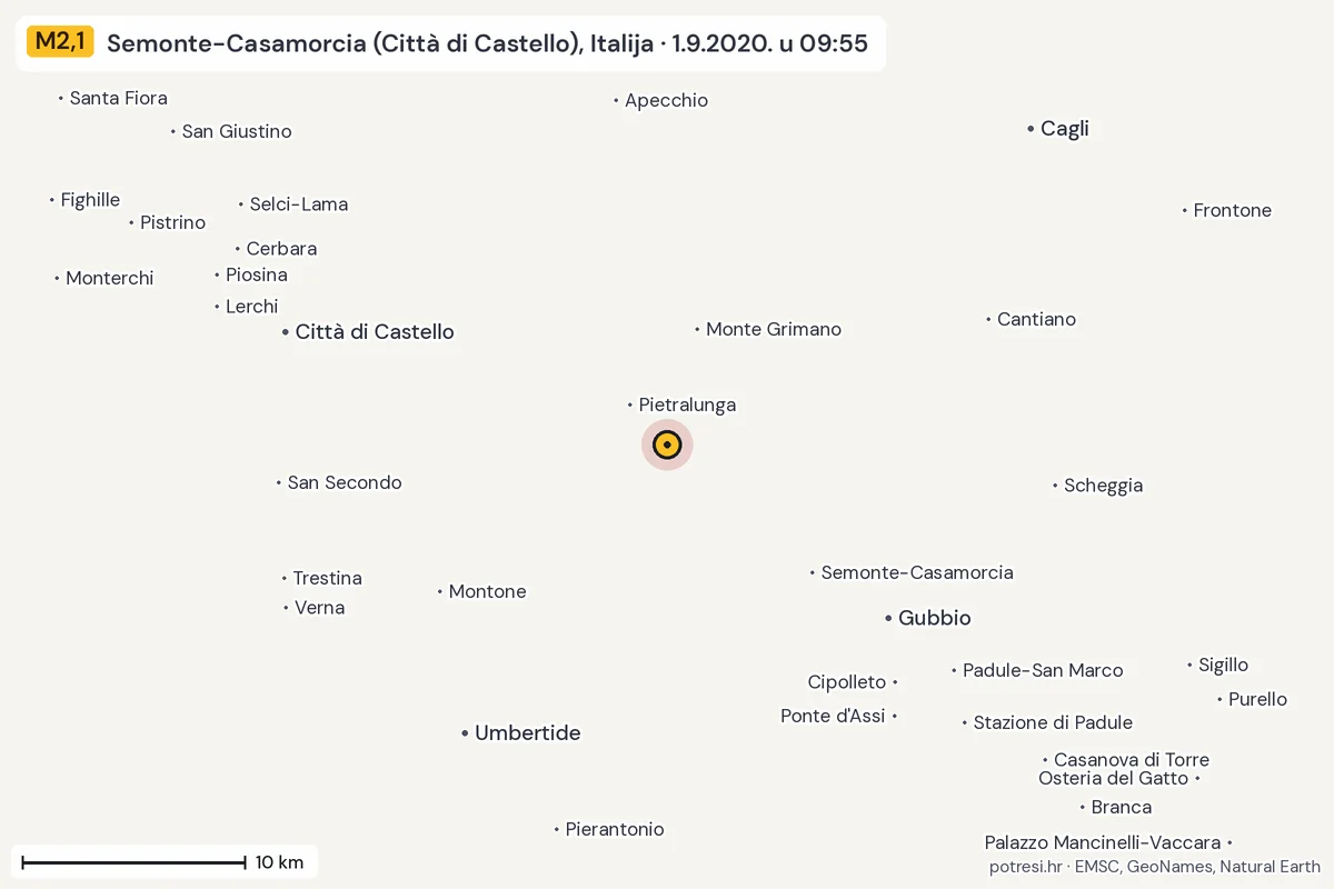 Karta: okolica epicentra, 60 km, potres M2,1, Semonte-Casamorcia (Città di Castello), Italija, 1.9.2020.
