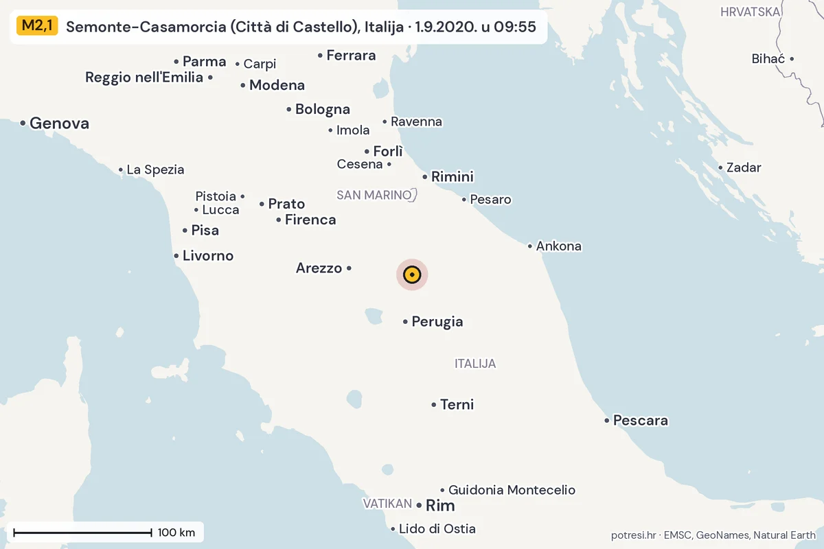 Karta: šire područje, 600 km, potres M2,1, Semonte-Casamorcia (Città di Castello), Italija, 1.9.2020.