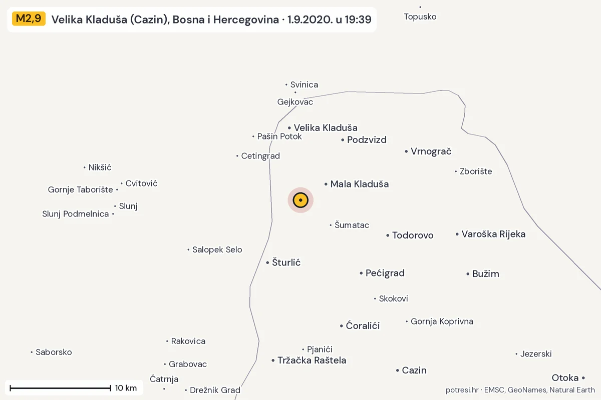 Karta: okolica epicentra, 60 km, potres M2,9, Velika Kladuša (Cazin), Bosna i Hercegovina, 1.9.2020.