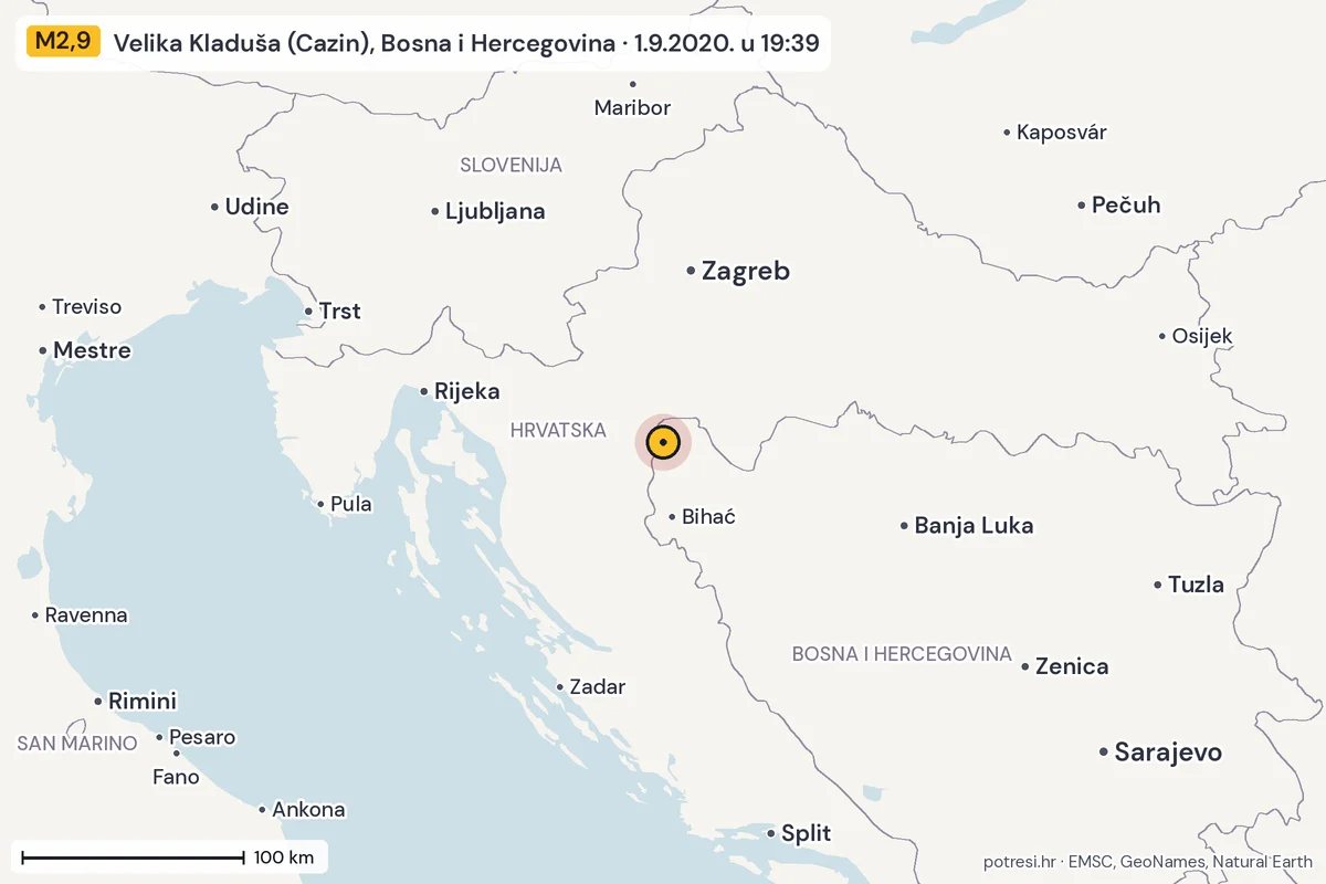 Karta: šire područje, 600 km, potres M2,9, Velika Kladuša (Cazin), Bosna i Hercegovina, 1.9.2020.