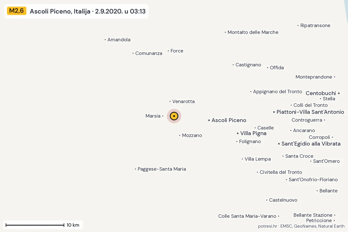 Karta: okolica epicentra, 60 km, potres M2,6, Ascoli Piceno, Italija, 2.9.2020.