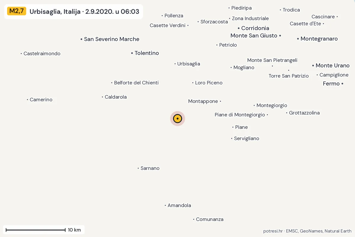 Karta: okolica epicentra, 60 km, potres M2,7, Urbisaglia, Italija, 2.9.2020.
