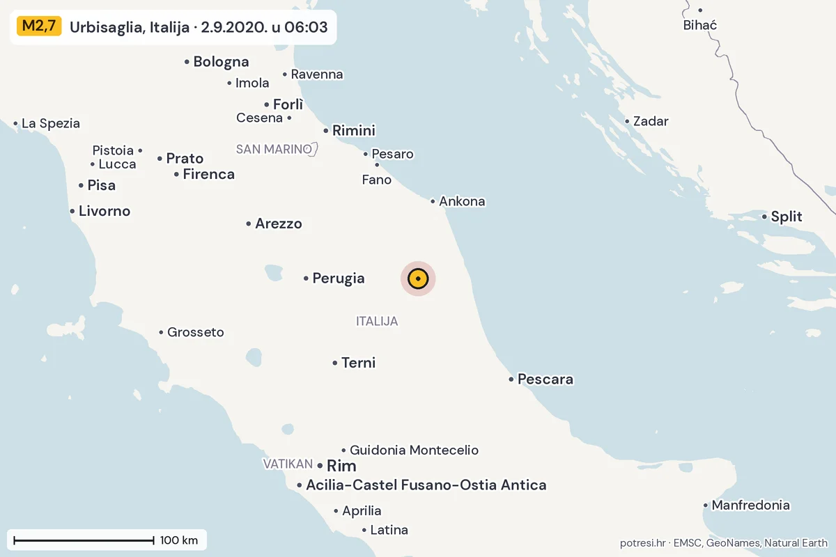 Karta: šire područje, 600 km, potres M2,7, Urbisaglia, Italija, 2.9.2020.