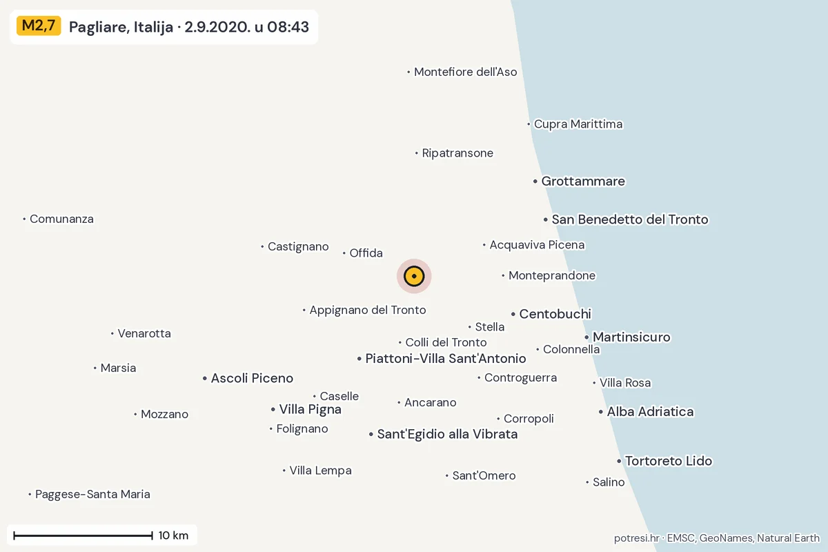 Karta: okolica epicentra, 60 km, potres M2,7, Pagliare, Italija, 2.9.2020.