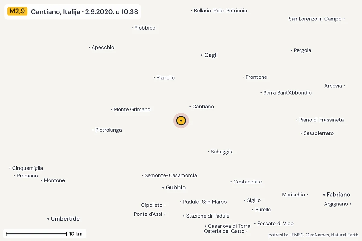 Karta: okolica epicentra, 60 km, potres M2,9, Cantiano, Italija, 2.9.2020.