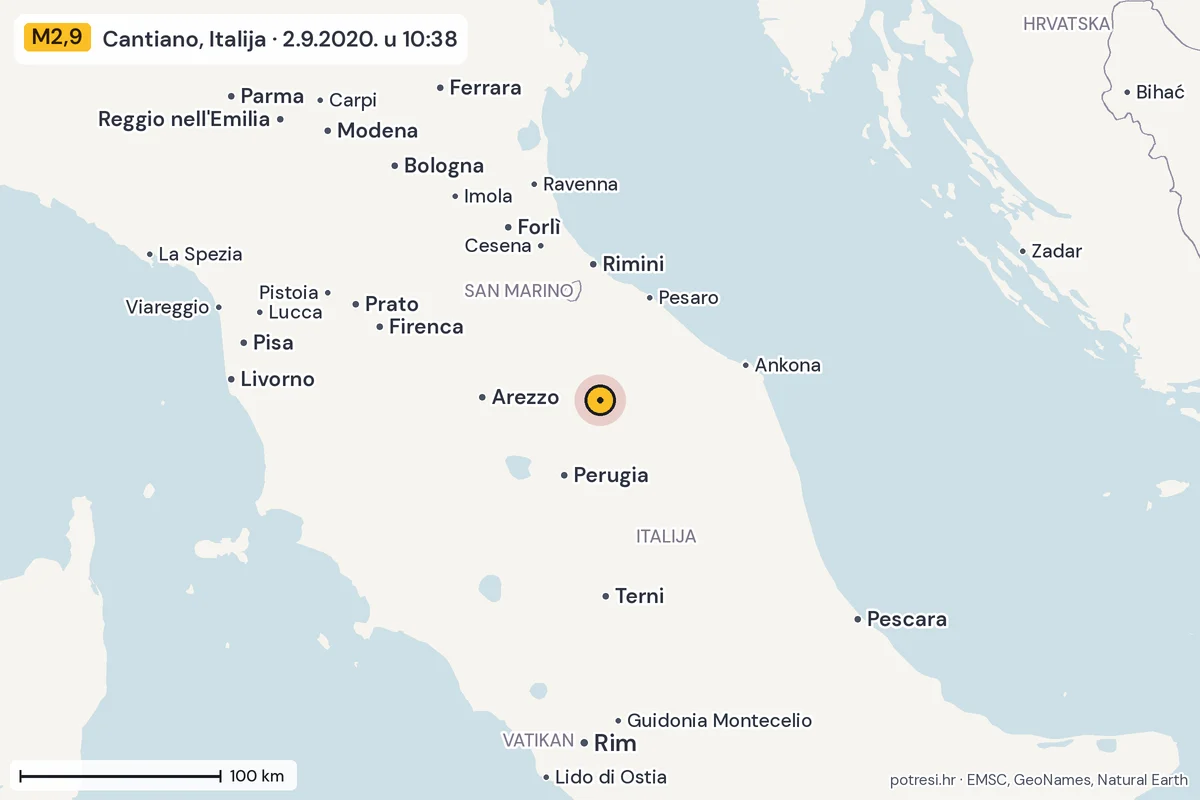 Karta: šire područje, 600 km, potres M2,9, Cantiano, Italija, 2.9.2020.