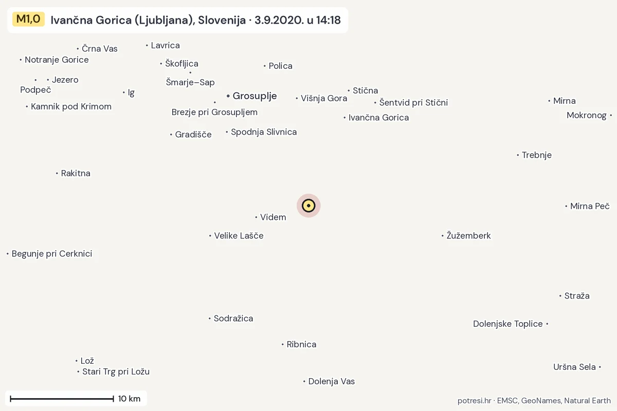 Karta: okolica epicentra, 60 km, potres M1,0, Ivančna Gorica (Ljubljana), Slovenija, 3.9.2020.