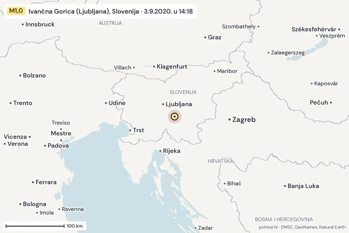Karta: šire područje, 600 km, potres M1,0, Ivančna Gorica (Ljubljana), Slovenija, 3.9.2020.