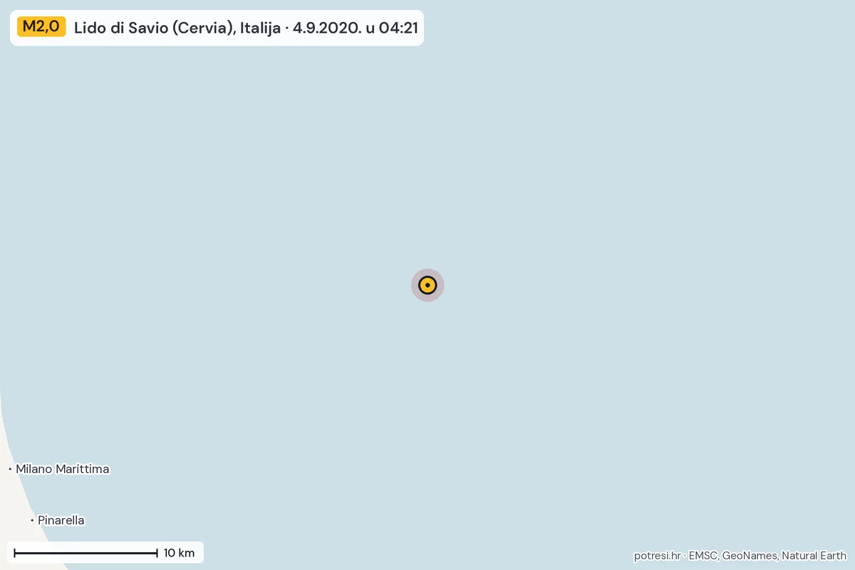 Karta: okolica epicentra, 60 km, potres M2,0, Lido di Savio (Cervia), Italija, 4.9.2020.