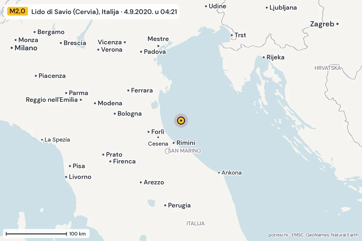 Karta: šire područje, 600 km, potres M2,0, Lido di Savio (Cervia), Italija, 4.9.2020.