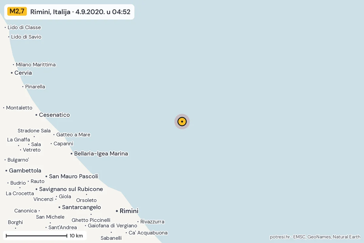 Karta: okolica epicentra, 60 km, potres M2,7, Rimini, Italija, 4.9.2020.