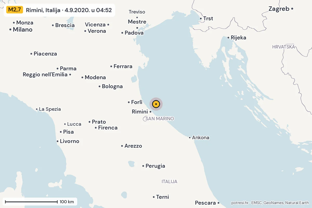Karta: šire područje, 600 km, potres M2,7, Rimini, Italija, 4.9.2020.
