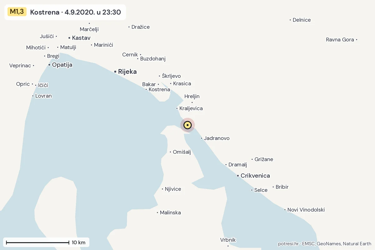 Karta: okolica epicentra, 60 km, potres M1,3, Kostrena, 4.9.2020.