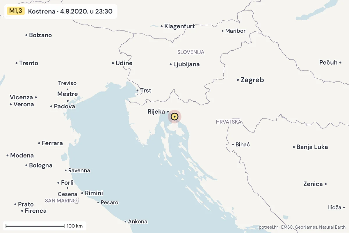 Karta: šire područje, 600 km, potres M1,3, Kostrena, 4.9.2020.