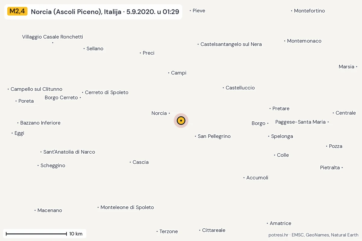 Karta: okolica epicentra, 60 km, potres M2,4, Norcia (Ascoli Piceno), Italija, 5.9.2020.