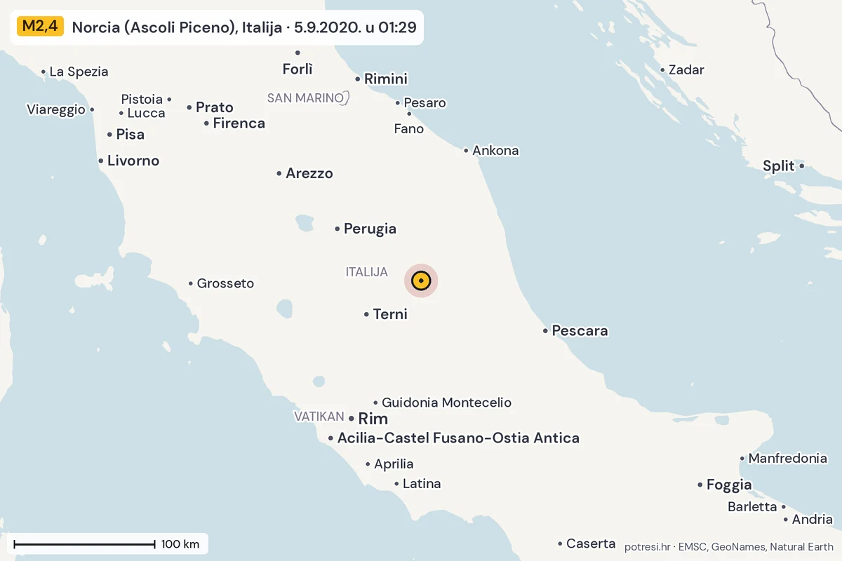 Karta: šire područje, 600 km, potres M2,4, Norcia (Ascoli Piceno), Italija, 5.9.2020.