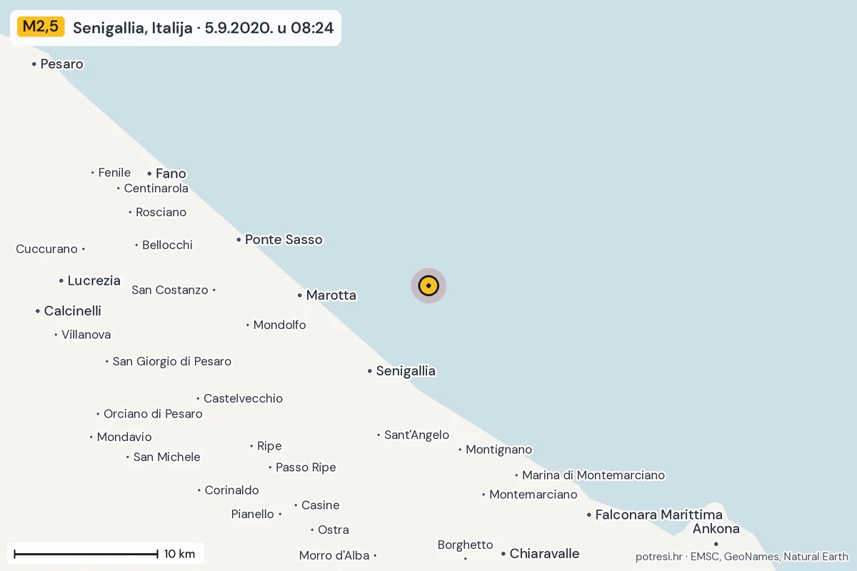 Karta: okolica epicentra, 60 km, potres M2,5, Senigallia, Italija, 5.9.2020.