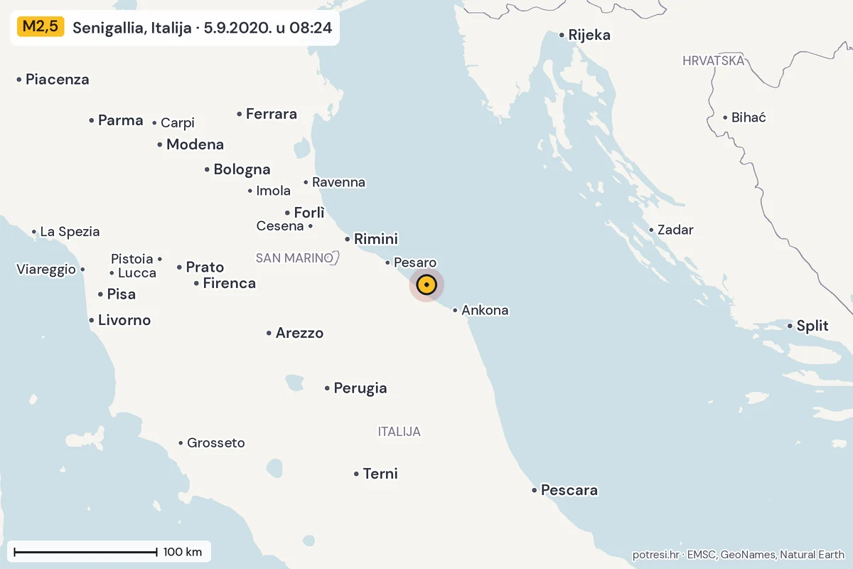 Karta: šire područje, 600 km, potres M2,5, Senigallia, Italija, 5.9.2020.