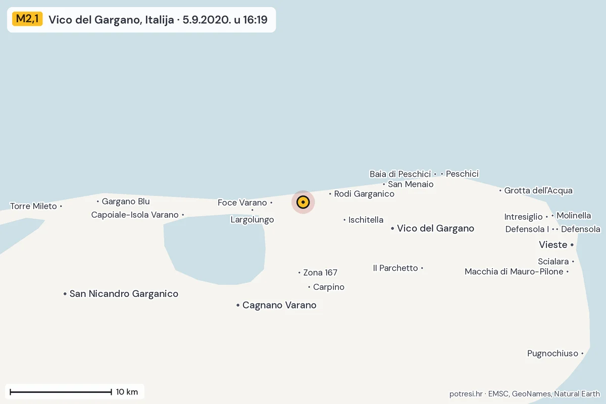 Karta: okolica epicentra, 60 km, potres M2,1, Vico del Gargano, Italija, 5.9.2020.