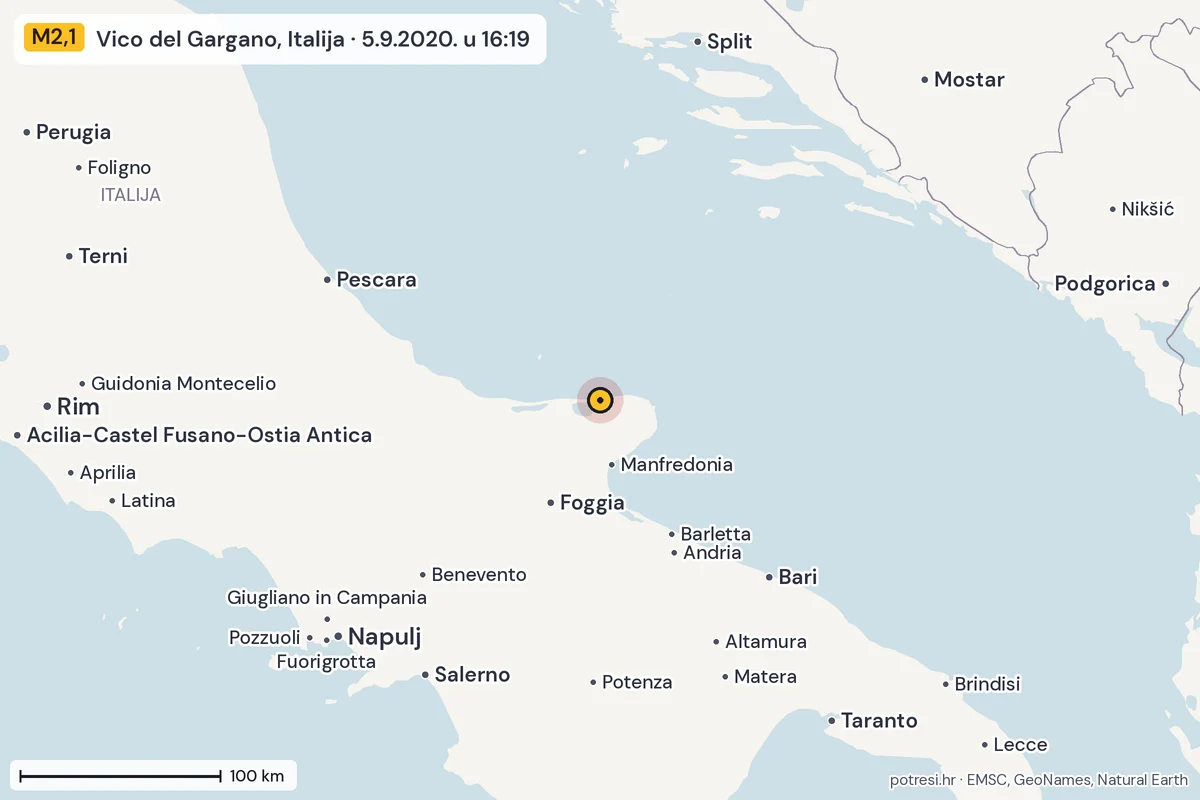 Karta: šire područje, 600 km, potres M2,1, Vico del Gargano, Italija, 5.9.2020.