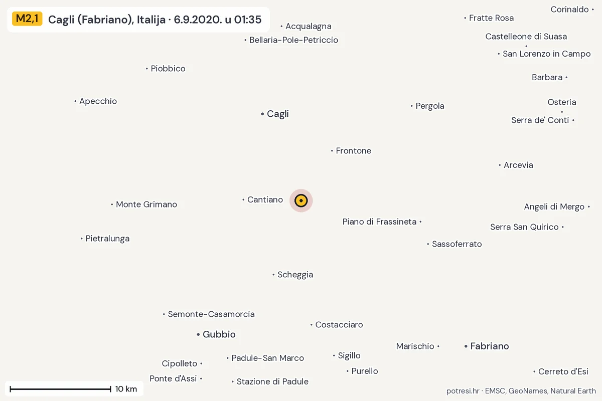 Karta: okolica epicentra, 60 km, potres M2,1, Cagli (Fabriano), Italija, 6.9.2020.