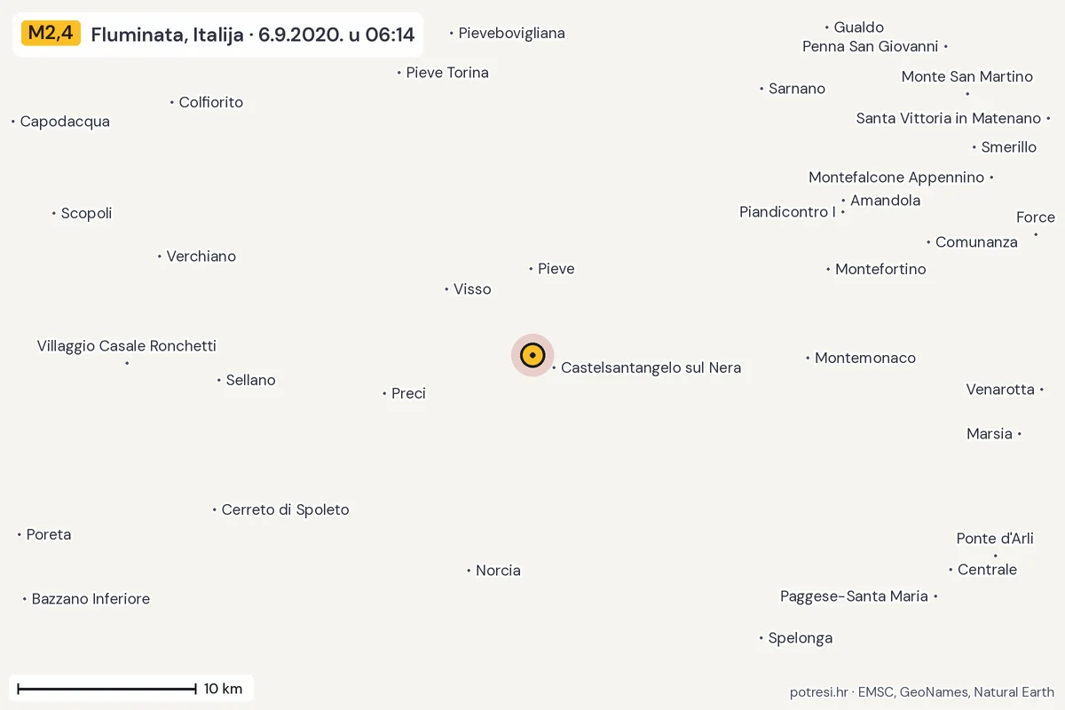 Karta: okolica epicentra, 60 km, potres M2,4, Fluminata, Italija, 6.9.2020.