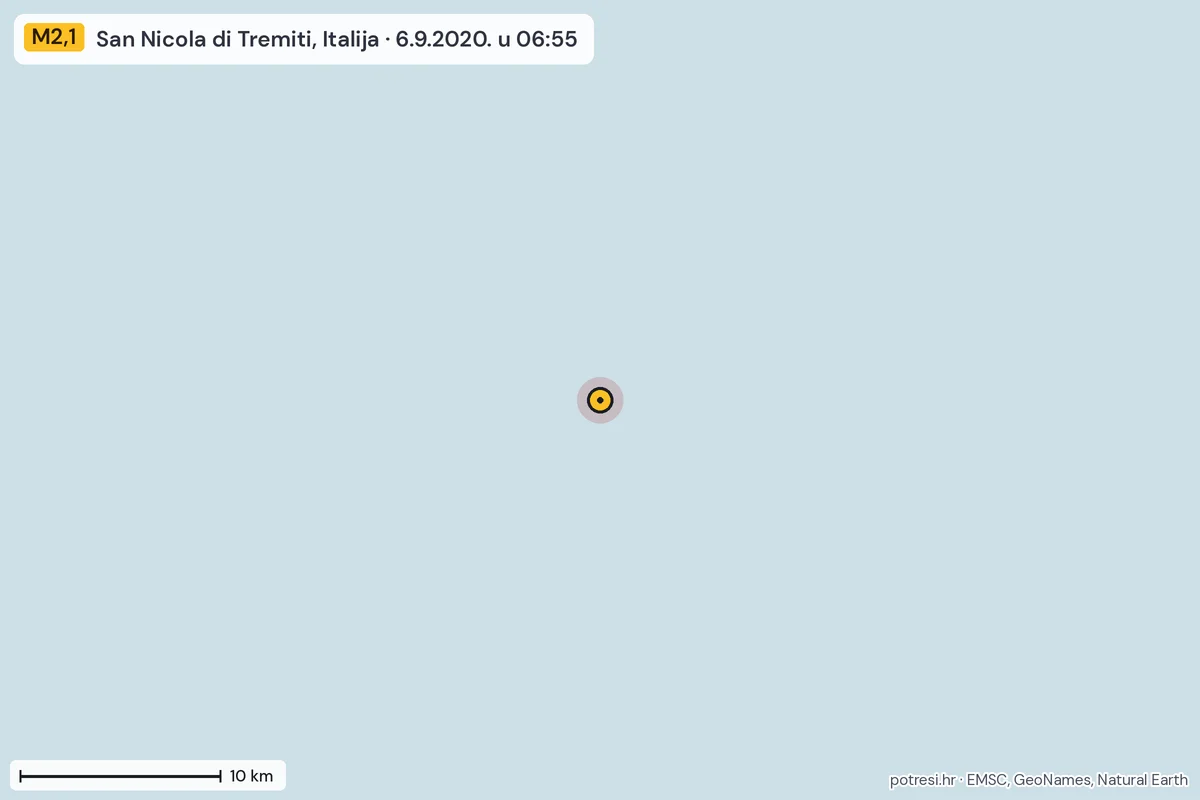 Karta: okolica epicentra, 60 km, potres M2,1, San Nicola di Tremiti, Italija, 6.9.2020.
