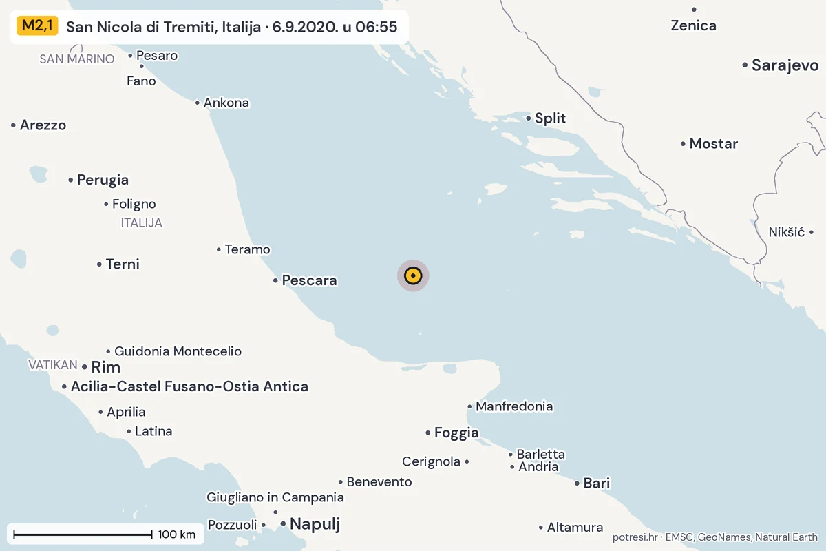 Karta: šire područje, 600 km, potres M2,1, San Nicola di Tremiti, Italija, 6.9.2020.