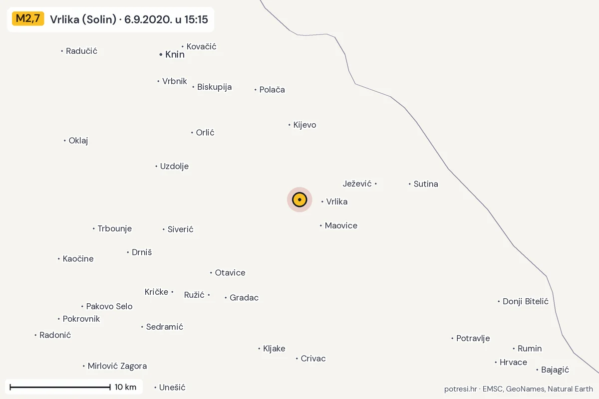 Karta: okolica epicentra, 60 km, potres M2,7, Vrlika (Solin), 6.9.2020.