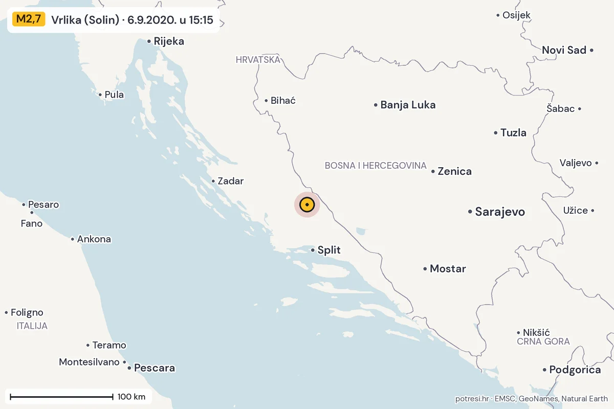 Karta: šire područje, 600 km, potres M2,7, Vrlika (Solin), 6.9.2020.