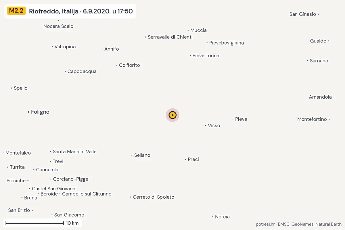 Karta: okolica epicentra, 60 km, potres M2,2, Riofreddo, Italija, 6.9.2020.