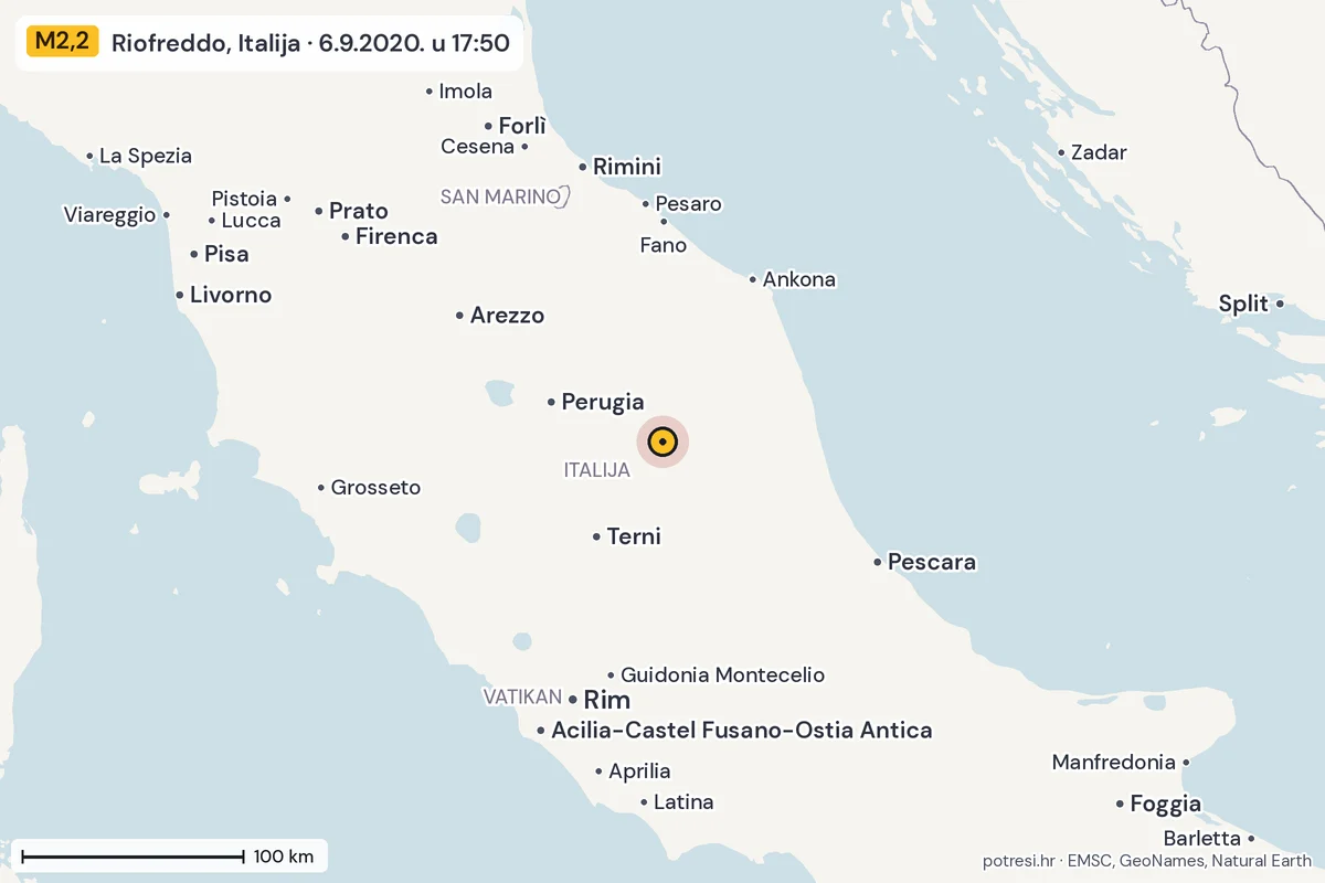Karta: šire područje, 600 km, potres M2,2, Riofreddo, Italija, 6.9.2020.