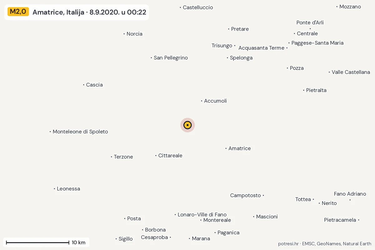 Karta: okolica epicentra, 60 km, potres M2,0, Amatrice, Italija, 8.9.2020.
