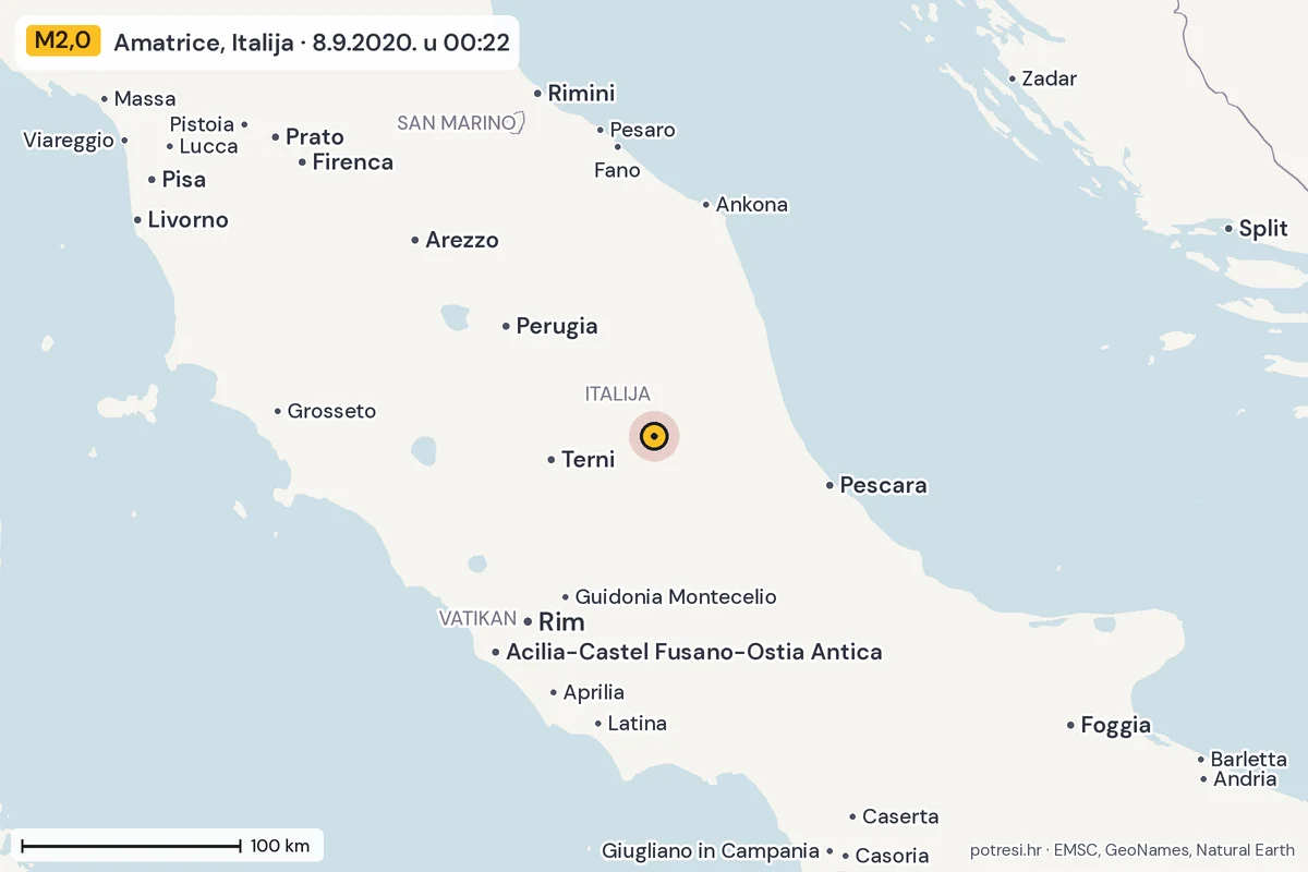 Karta: šire područje, 600 km, potres M2,0, Amatrice, Italija, 8.9.2020.