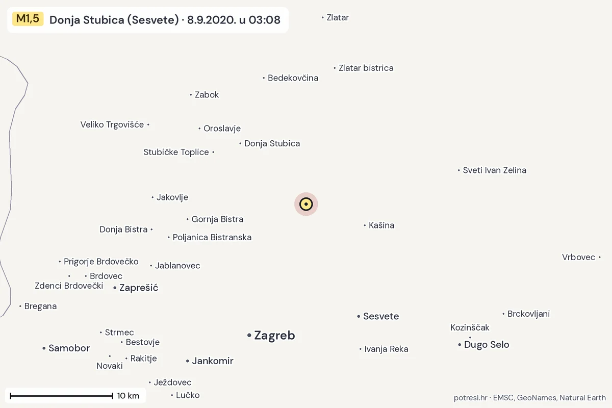 Karta: okolica epicentra, 60 km, potres M1,5, Donja Stubica (Sesvete), 8.9.2020.