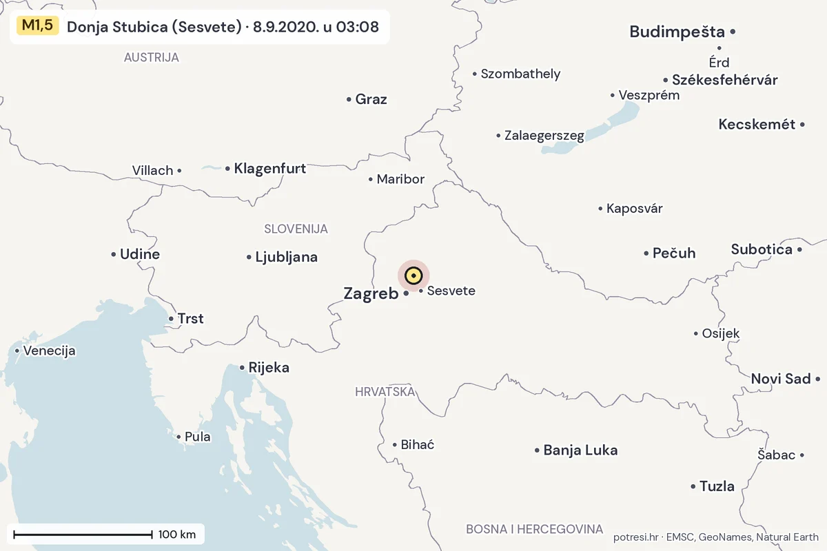 Karta: šire područje, 600 km, potres M1,5, Donja Stubica (Sesvete), 8.9.2020.