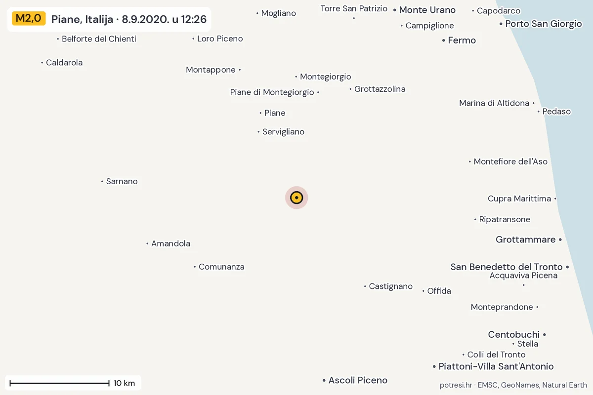 Karta: okolica epicentra, 60 km, potres M2,0, Piane, Italija, 8.9.2020.
